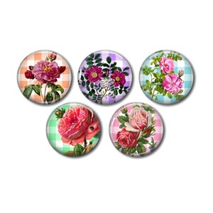 Cabochons résine, 25 ou 20 mm au choix,à coller, rond, lot de 5, Fleur Roses Vichy