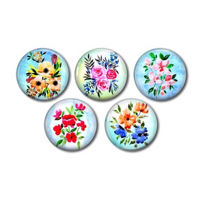 Cabochons résine, 25 ou 20 mm au choix,à coller, rond, lot de 5, Fleur Bouquet Aquarelle 04