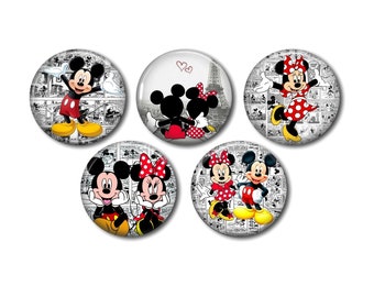 Cabochons résine, 25 ou 20 mm au choix,à coller, rond, lot de 5, Mickey Minnie vintage