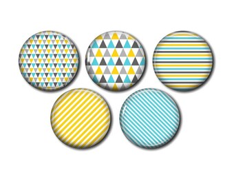 Lot of 5 resin cabochons, to glue, round, choice of 20 or 25 mm Graphic Blue Yellow Gray