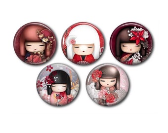 Resin cabochons 25mm or 20mm set of 5 of your choice, round, to glue - Kokeshi 01