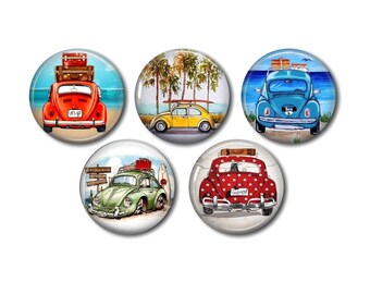Resin cabochons 20 mm or 25 mm of your choice, set of 5, round, to glue - Beetle Vacation Vintage Car