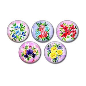 Cabochons résine, 25 ou 20 mm au choix,à coller, rond, lot de 5, Fleur Bouquet Aquarelle 03