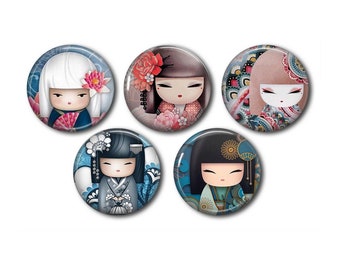 Resin cabochons, 25 or 20 mm of your choice, to glue, round, set of 5, Kokeshi 03