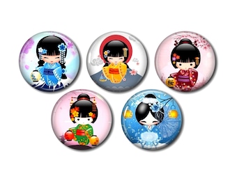 Resin cabochon, 25 or 20 mm of your choice, round, to glue, set of 5, Kokeshi 08