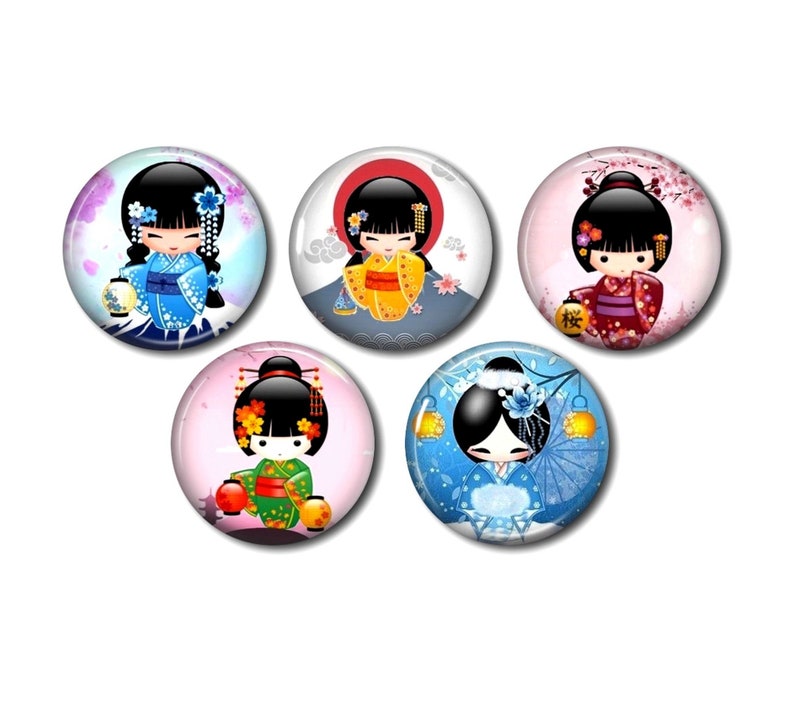 Resin cabochon, 25 or 20 mm of your choice, round, to glue, set of 5, Kokeshi 08 image 1