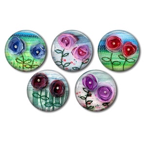 Cabochons résine, 25 ou 20 mm au choix,à coller, rond, lot de 5, Fleur organza