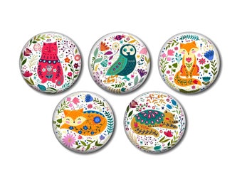 Lot 5 resin cabochons, to stick, round, of your choice 20 or 25 mm Animals Folklore Motif Cat Fox Owl