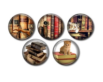 Lot of 5 resin cabochons, to glue, round, of your choice 20 or 25 mm Books Library 01