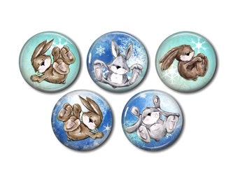 Cabochon résine rond 25 ou 20 mm au choix,à coller, lot de 5, Lapin dans la neige 01