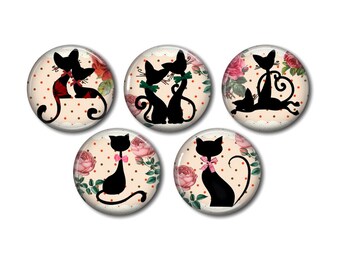 Harz-Cabochon 25 mm oder 20 mm nach Wahl, zum Kleben, rund, 5er-Set, Schwarze Katze 09