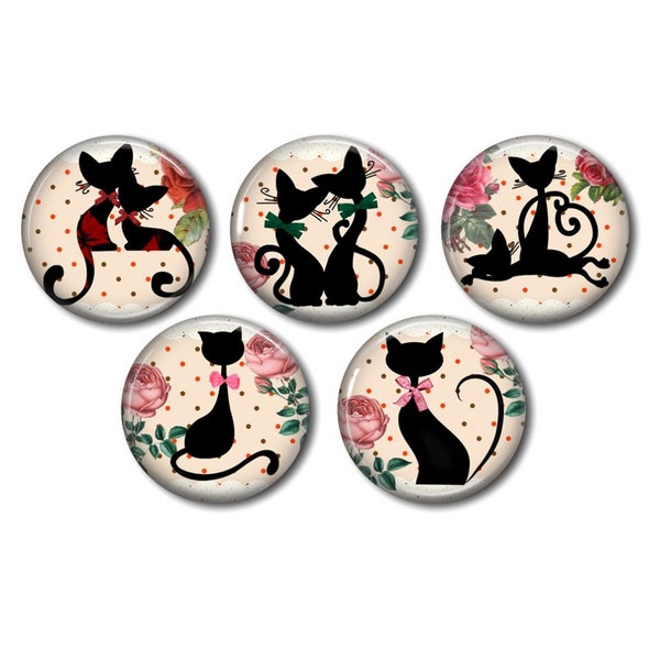 Cabochon résine 25mm ou 20 mm au choix,à coller, rond, lot de 5, Chat noir 09