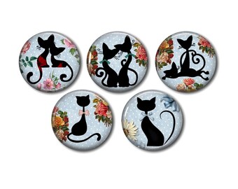 Resin cabochon, 25 or 20 mm of your choice, to glue, round, set of 5, Black cat 08