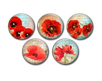 Cabochons résine, 25 ou 20 mm au choix,à coller, rond, lot de 5, Coquelicot 04