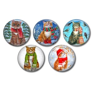 Cabochon résine rond 25 ou 20 mm au choix,à coller, lot de 5, Chat Hiver Neige Froid Bonnet Écharpe