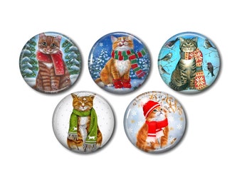 Cabochon résine rond 25 ou 20 mm au choix,à coller, lot de 5, Chat Hiver Neige Froid Bonnet Écharpe