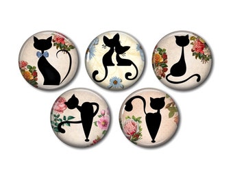 Cabochon résine, 25 ou 20 mm au choix,à coller, rond, lot de 5, Chat noir 11