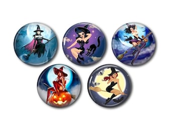 Resin cabochons 25mm or 20mm set of 5 of your choice, round, to stick - Halloween Witch 01