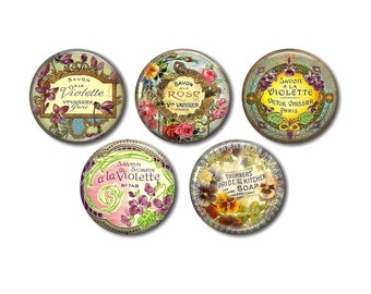 Resin cabochons, 25 or 20 mm of your choice, to stick, round, set of 5, Vintage Perfume Soap Label