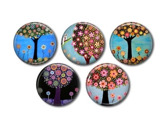 Cabochons résine, 25 ou 20 mm au choix,à coller, rond, lot de 5, Arbre Fleuri 03