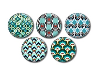 Lot 5 cabochons résine rond, à coller, au choix 20 ou 25 mm Graphique Art-déco Turquoise