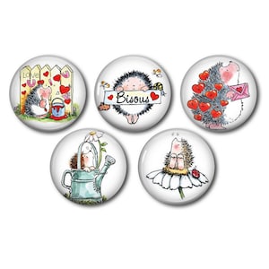 Cabochons résine 25mm ou 20mm lot de 5, rond, à coller - Hérisson Coeur Love Mignon Printemps