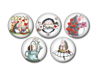 Cabochons résine 25mm ou 20mm lot de 5, rond, à coller - Hérisson Coeur Love Mignon Printemps