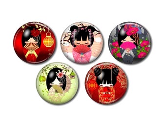 Resin cabochon, 25 or 20 mm of your choice, round, to glue, set of 5, Kokeshi 07