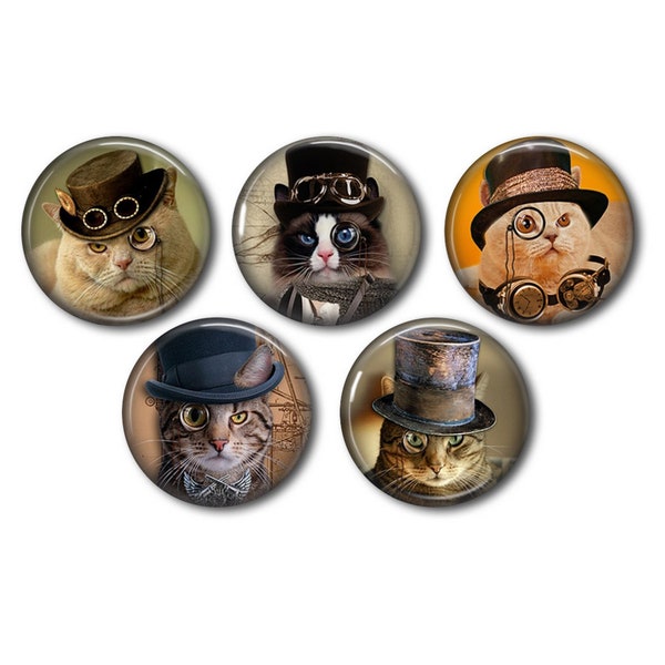 Lot 5 cabochons résine, à coller, rond, au choix 20 ou 25mm Chat Steampunk 03