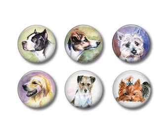 Cabochons résine 25mm ou 20mm lot de 6 au choix, rond, à coller - Chien Aquarelle 04