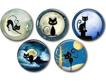 Cabochon round resin 25 or 20 mm of your choice, to stick, lot of 5, Cat under the moon 01