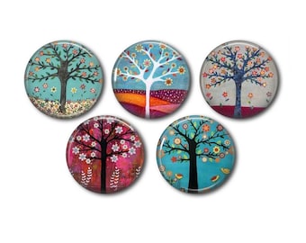 Cabochons résine, 25 ou 20 mm au choix,à coller, rond, lot de 5, Arbre Fleuri 01