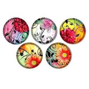 Cabochons résine, 25 ou 20 mm au choix,à coller, rond, lot de 5, Fleur 01