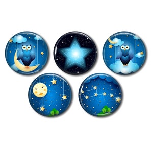 Cabochons résine, 25 ou 20 mm au choix,à coller, rond, lot de 5, Hibou ciel et étoiles 03