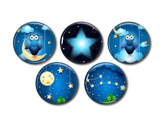 Resin cabochons, 25 or 20 mm of your choice, to glue, round, set of 5, Owl sky and stars 03