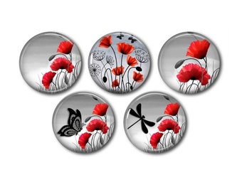 Resin cabochons, 25 or 20 mm of your choice, to glue, round, set of 5, Coquelicot 03