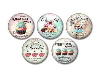 Harz-Cabochons 25 mm oder 20 mm nach Wahl, 5er-Set, rund, zum Kleben - Chocolat Gourmandise Vintage