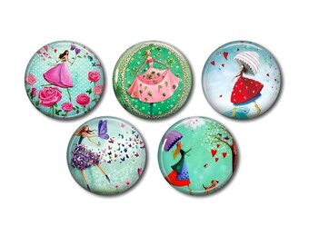 Resin cabochons 25 mm or 20 mm of your choice, set of 5, round, to glue - Young Girl 05
