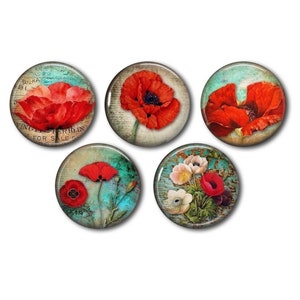 Cabujones de resina, 25 o 20 mm a elegir, para pegar, redondos, juego de 5, Coquelicot 01