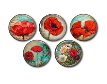 Cabochons résine, 25 ou 20 mm au choix,à coller, rond, lot de 5, Coquelicot 01