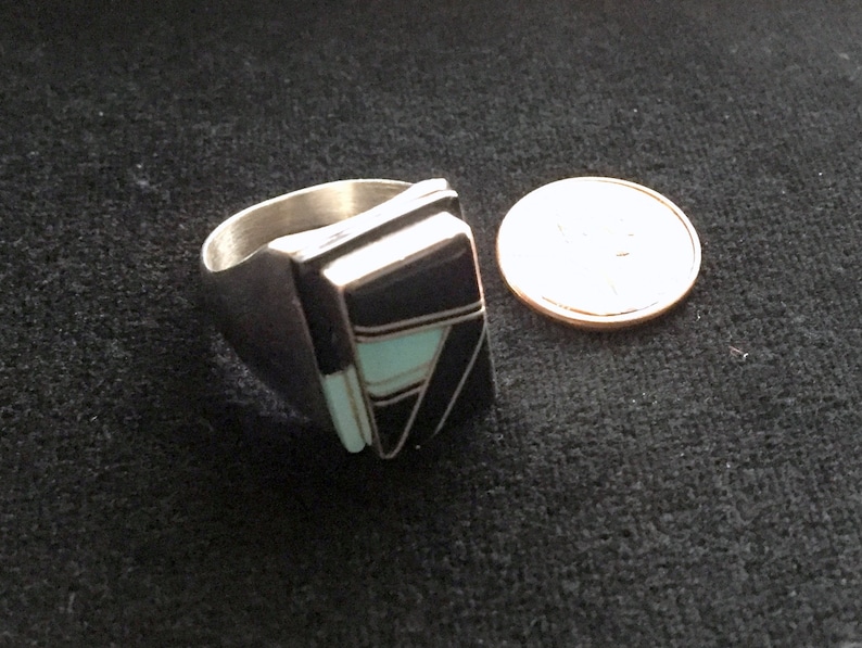 Size 12 Item # 817-2 Vintage South West Style Sterling Silver OnyxTurquoise Inlay Ring