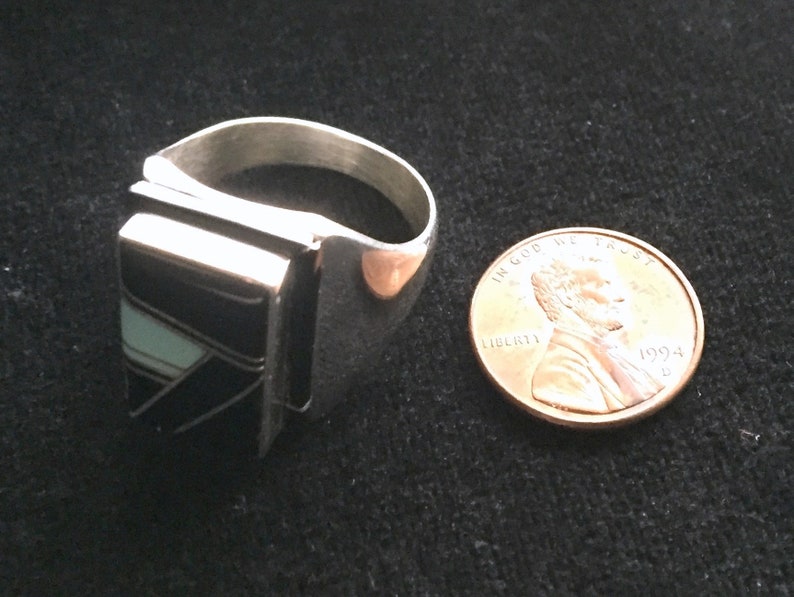 Size 12 Item # 817-2 Vintage South West Style Sterling Silver OnyxTurquoise Inlay Ring