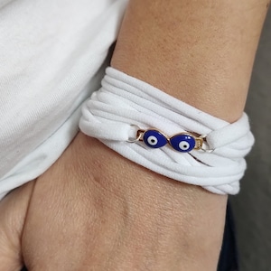 Evil Eye Bracelet, Infinity White Wrist Wrap, Protection Nazar Cuff, Cotton Scar Tattoo Cover Up, Greek Blue Evil Eye, Charm Wrist Covers