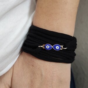 Evil Eye Bracelet,  Infinity Black Wrist Wrap, Protection Nazar Cuff, Cotton Scar Tattoo Cover Up, Greek Blue, Charm Wrist Covers