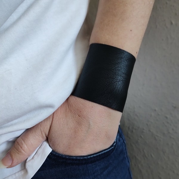 Matte Black Faux Leather Wrist Cuffs, Wide Wrist Cuff Bracelet, Gothic Tattoo Cover Up, Black Bracers, Adult Punk-Rock Wristband Teens Wrist