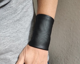 Matte Black Faux Leather Wrist Cuffs, Wide Wrist Cuff Bracelet, Gothic Tattoo Cover Up, Black Bracers, Adult Punk-Rock Wristband Teens Wrist