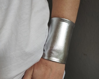 Bracelet manchette large argenté, tatouage au poignet en jersey argenté recouvrant des bracelets, accessoires pour femme, manchette en tissu pour adulte, poignet pour ados