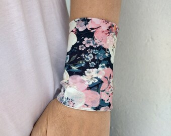 Flowers Cherry Blossom Floral Long Wrist Cuff Bracelet, Jersey Wrist Tattoo cover up Bracelets, Women's Accessories, Adult Fabric Wristband