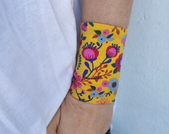 Flower Poppy Mustard Floral Long Wrist Cuff Bracelet, Jersey Wrist Tattoo cover up Bracelets, Women's Accessories, Adult Fabric Teens Bracer