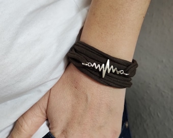 Heartbeat Wrist Cuff Bracelet, Brown Wrap Cuff Bracelet Cotton